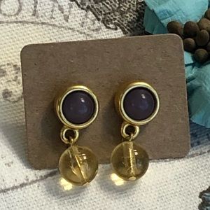 Purple Stone Amber Bead Drop Pierced Earrings
